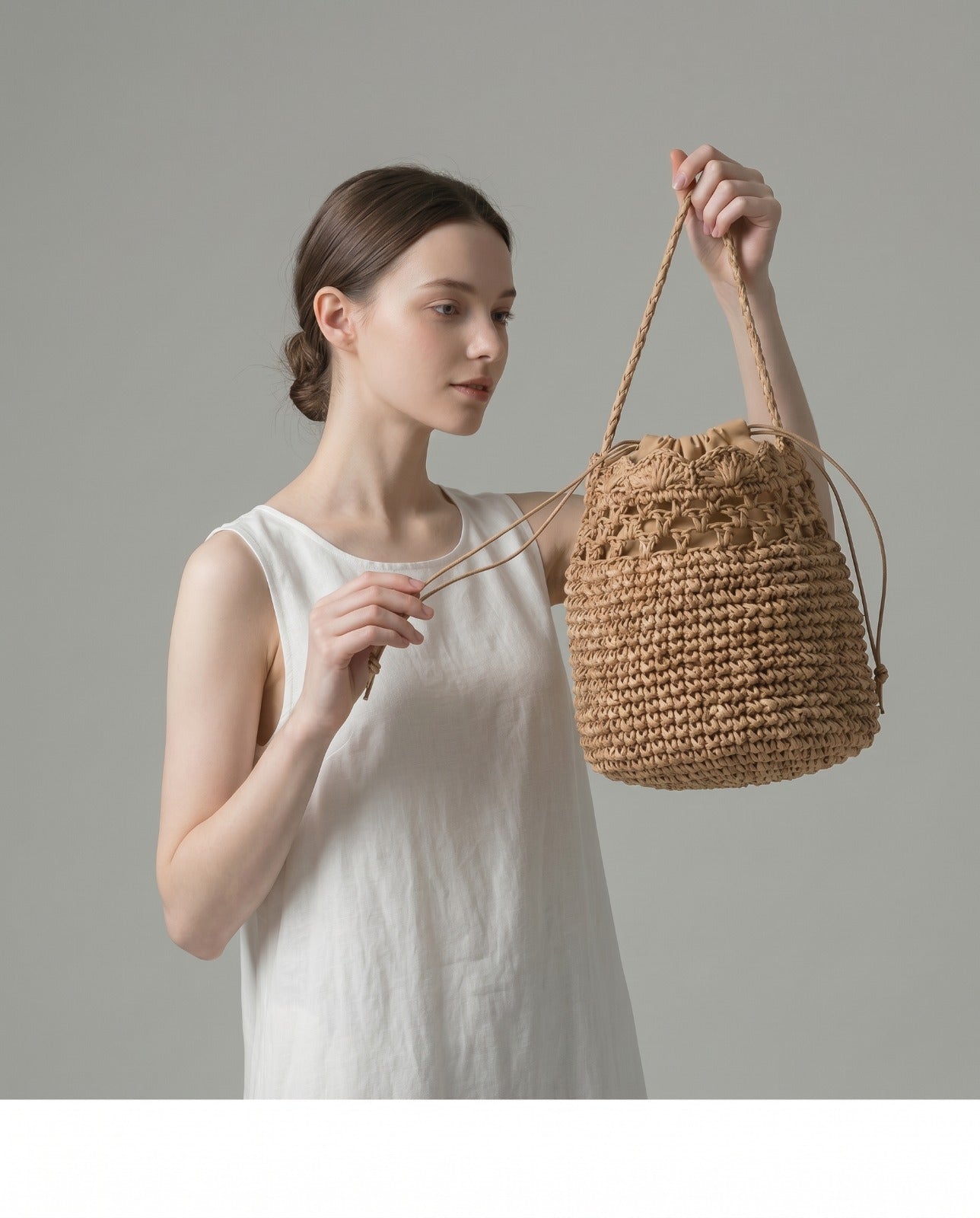 Mae Woven Straw Bucket Shoulder Bag