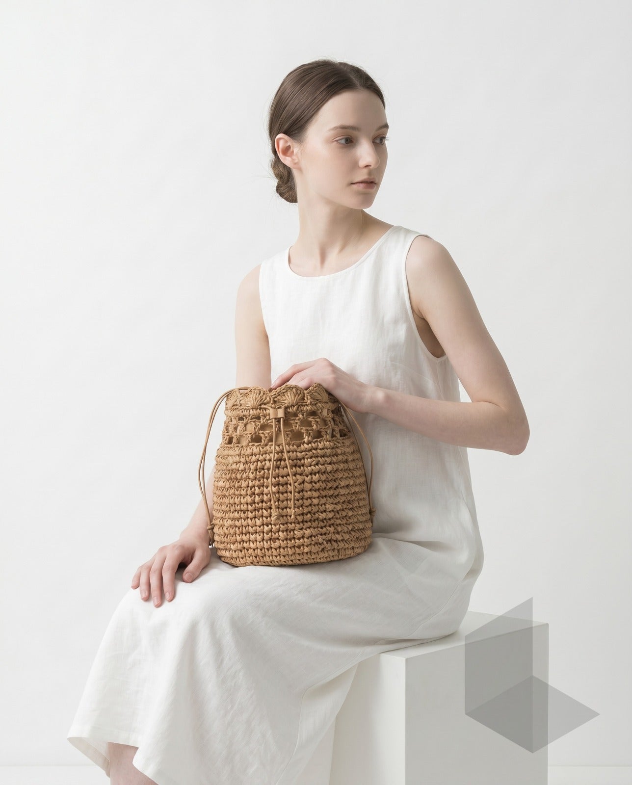 Mae Woven Straw Bucket Shoulder Bag